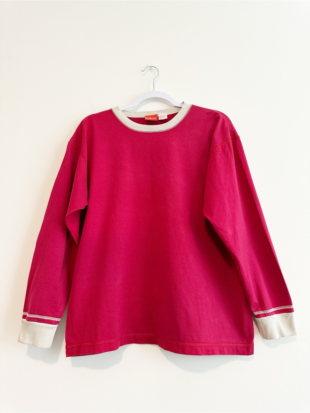 liz & co. Long-Sleeve Crewneck Tee in Raspberry with Cream Trim